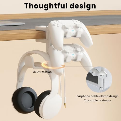 Rotating Headphone Stand with 360° Swivel - Adjustable Clamp-on Under Desk Headset Holder, Universal Gaming & Office Headphone Hanger - color: Pink