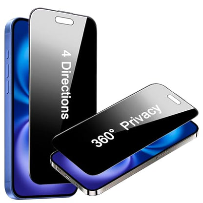 2 Pack 4 Way 360 Degree Privacy Screen Protector for iPhone 16 Plus/iPhone 15 Plus 6.7 Inches, 4 Directions Horizontal and Vertical All Around Anti Spy Tempered Glass Film, Face ID Sensitive - size: for iPhone 15 Plus/16 Plus 6.7"