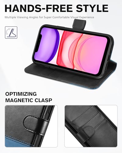 TUCCH Wallet Case for iPhone 11 (6.1"), 3 Card Holders, Black & Light Blue | RFID Blocking, Viewing Stand, Shockproof TPU Shell, PU Leather, Magnetic Closure, Protective Folio Flip Cover - color: Black & Light Blue