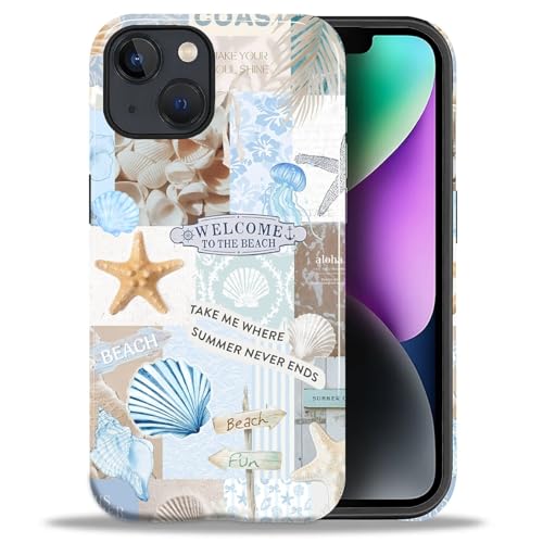 Case Compatible with iPhone 13 14, Cute Dual Layer Hybrid Phone Cover, Military Grade Drop Protection, Aesthetic Shockproof Phone Case for Women Girls, Boho Beach Summer Collage - color: Boho Beach Summer Collage, size: Iphone 13/14