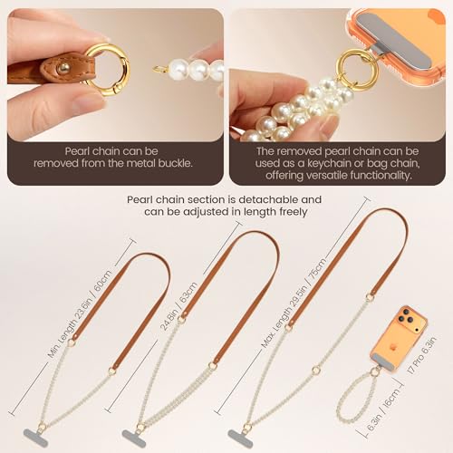 pcgaga Leather Pearl Phone Lanyard for Cellphone Case, Phone Strap Crossbody for Women's Case, Fashion Durable Skin-Friendly - color: Brown