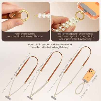 pcgaga Leather Pearl Phone Lanyard for Cellphone Case, Phone Strap Crossbody for Women's Case, Fashion Durable Skin-Friendly - color: Brown