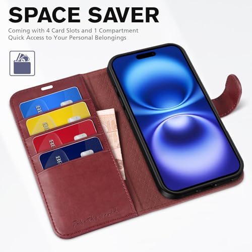 TUCCH Case Wallet for iPhone 16 (6.1") 2024, RFID Blocking Folio, Dark Red | 4 Card Holders, Kickstand, PU Leather, Magnetic Closure, Shockproof TPU Shell, Protective Flip Cover - color: Dark Red