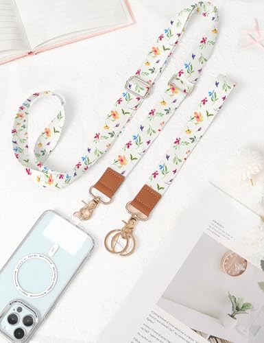 Phone Lanyard Crossbody Strap, Adjustable Neck Strap and Wristlet Strap for Phone Wallet ID Badge with 2 Phone Tabs - color: Floral