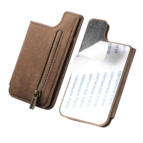 Wallet Stick on Phone Case, Credit Card Holder for Back of Phone Cases Retro Flip Leather Zipper Sleeve Pouch Compatible with iPhone, Samsung Galaxy Android Most Smartphones Brown - color: Brown
