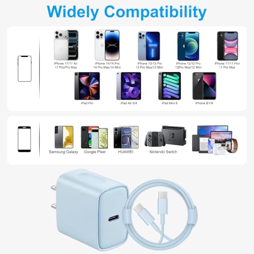 iPhone 17 16 15 Charger Fast Charging 6FT - 20W USB C Charger Block - color: Blue, size: 6FT