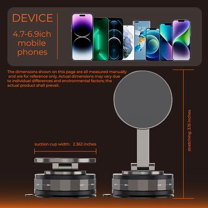 Magnetic Phone Holder for Car 2.01 Inch, Super Strong Vacuum Suction Cup, 360° Rotation Magsafe Car Mount for Dashboard Windshield, Foldable Aluminum Car Accessories for iPhone Samsung