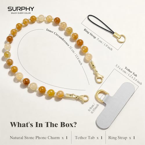 SURPHY Natural Stone Phone Charm, Beaded Phone Wrist Strap with Tether Tab - color: Aventurine Light Amber