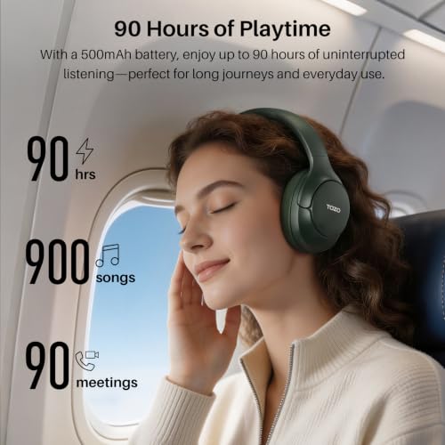 TOZO HT3 Hybrid Noise Cancelling Wireless Headphones, 90H Over Ear Headset - color: Green