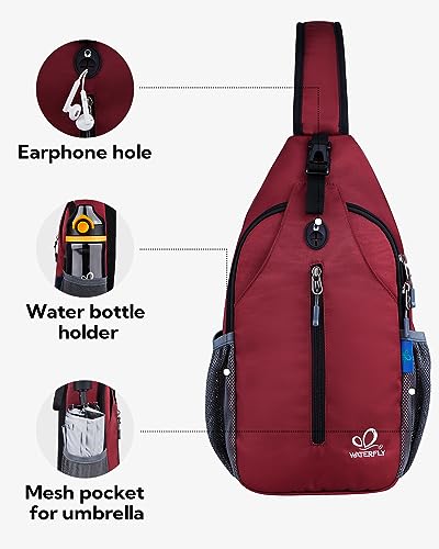 WATERFLY Crossbody Sling Backpack Sling Bag Travel Hiking Chest Bag Daypack | Small Hiking bag,Multi-compartment storage,Water-resistant,Breathable back pad,Reversible adjustable shoulder strap - color: Dark Red