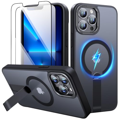Magnetic for iPhone 13 Pro Max Case & iPhone 12 Pro Max Case with Screen Protector[2 Packs], Compatible with MagSafe, Invisible Stand, Matte Translucent Slim & Shockproof Phone Case, Black - color: Black, size: iPhone 12/13 Pro Max 6.7"