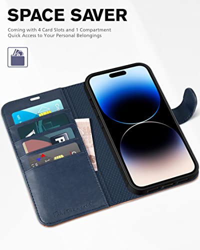 TUCCH Wallet Case for iPhone 14 Pro (6.1") 2022, 4 Card Slots, Blue & Brown | RFID Blocking, Viewing Stand, Shockproof TPU Shell, PU Leather, Magnetic Closure, Protective Folio Flip Cover - color: Two Colors - Dark Blue & Brown