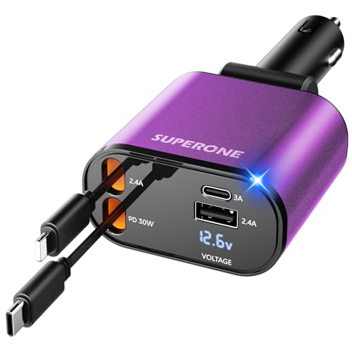 [Upgraded] SUPERONE Retractable Car Charger 4 in 1 Fast Car Phone Charger - color: Purple
