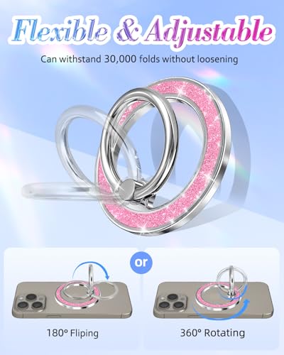 Phone Ring Holder Compatible with MagSafe - Magnetic Cell Phone Grip for Women Cute Magnet Removable Finger Ring Grip Stand Glitter Shiny Accessories for iPhone 17 16 15 14 13 Pro Max Plus - color: Pink