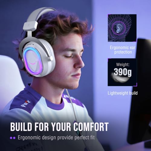 FIFINE AmpliGame H13WP USB Gaming Headset Wired, Customizable RGB Light - color: White and Purple