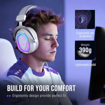 FIFINE AmpliGame H13WP USB Gaming Headset Wired, Customizable RGB Light - color: White and Purple