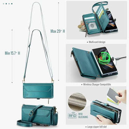 Strapurs Crossbody Wallet Case Compatible with Samsung Galaxy Z Fold 4 with RFID Blocking Card Holder & Pen Holder Slot Soft PU Leather Shoulder Strap Zipper Pocket Purse Fold 4 Phone Case, Blue Green | RFID Blocking 5-Card Holder, Shoulder Lanyard, Wirst