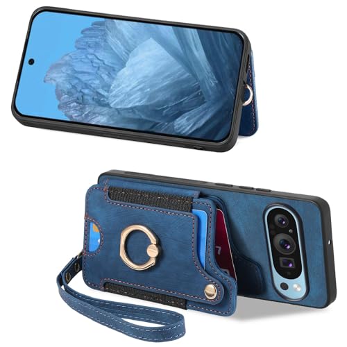 for Google Pixel 11 Pro XL Phone Case Wallet Card Holder,PU Leather Flip Folio Case,RFID Blocking Ring Holder Kickstand Wrist Strap Magnetic Protective Women Men Cover Blue - color: Blue, size: Pixel 11 Pro XL