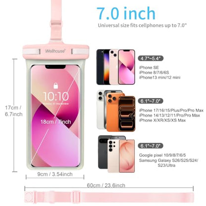 wellhouse Waterproof Phone Pouch, Waterproof Phone Case for iPhone 17 16 15 14 13 Pro Max XS Samsung, IPX8 3D Cellphone Dry Bag Beach Essentials (1 Pack - Luminous Pink7.0, 7 inch) - color: 1 Pack - Luminous Pink7.0"