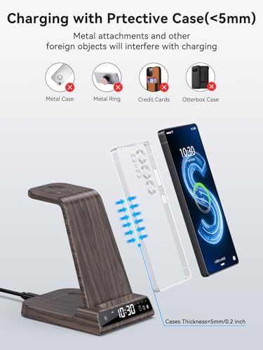 Wireless Charger for Samsung S25 with Clock 3 in 1 Android Charging Station - color: Wood Grain