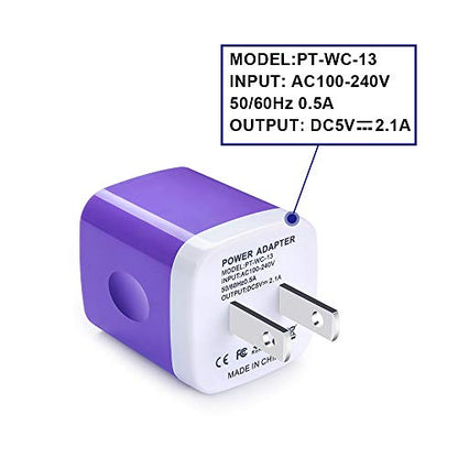 USB Charger Plug,Wall Charger,Charging Block,5Pack 2.1A Portable Power Cube Charger Adapter Compatible for iPhone 17/16/15/14/13/12/11 Pro Max/Xs Max/XR/8/7/6S/6,Samsung Galaxy S25 S24 S23 S22,LG,Moto - color: White,Blue,Green,Rosered,Purple