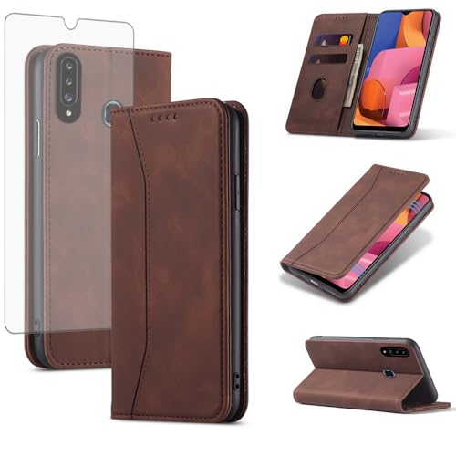 Asuwish Flip Wallet Phone Case for Samsung Galaxy A20s with Tempered Glass Screen Protector Magnetic Closure Folio Cover Credit Card Holder Slot Stand Cell Accessories A 20s Plus A207M Women Coffee - color: Coffee
