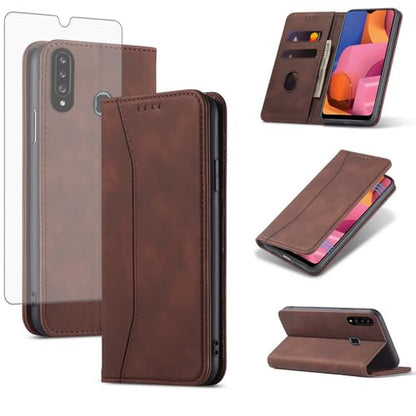 Asuwish Flip Wallet Phone Case for Samsung Galaxy A20s with Tempered Glass Screen Protector Magnetic Closure Folio Cover Credit Card Holder Slot Stand Cell Accessories A 20s Plus A207M Women Coffee - color: Coffee