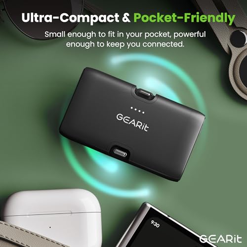 GEARit 5000mah Power Bank - Dual Output, Mini Battery Pack with Integrated USB-C and Lightning Connectors - Compact, Small Portable Charger Compatible - Black