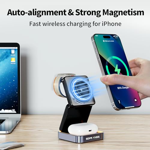 【2026 Upgraded】 Magnetic Wireless Charger 3 in 1, Foldable Charging Station with Night Light for Apple MagSafe Charger, Travel Charger Stand, Nightstand Fast 15W Charging Station (with Adapter)