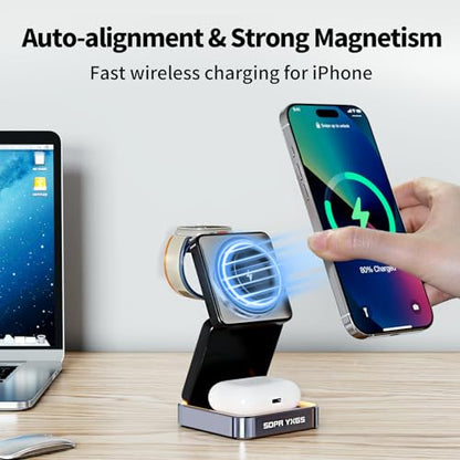 【2026 Upgraded】 Magnetic Wireless Charger 3 in 1, Foldable Charging Station with Night Light for Apple MagSafe Charger, Travel Charger Stand, Nightstand Fast 15W Charging Station (with Adapter)