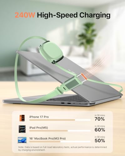 240W Retractable USB C Cable,3.3ft,Tea Green, 2Pack - color: Tea Green, size: 2Pack-3.3ft