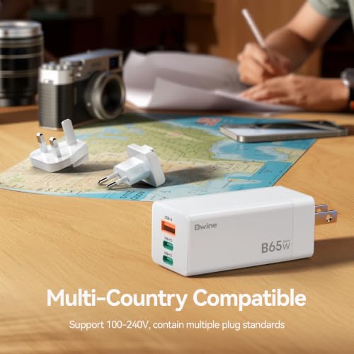 Bwine 65W USB-C Charger, 3-Port Universal Travel Adapter Charging Kit - color: White & Orange