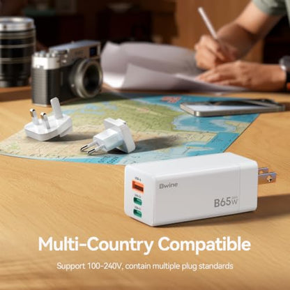 Bwine 65W USB-C Charger, 3-Port Universal Travel Adapter Charging Kit - color: White & Orange