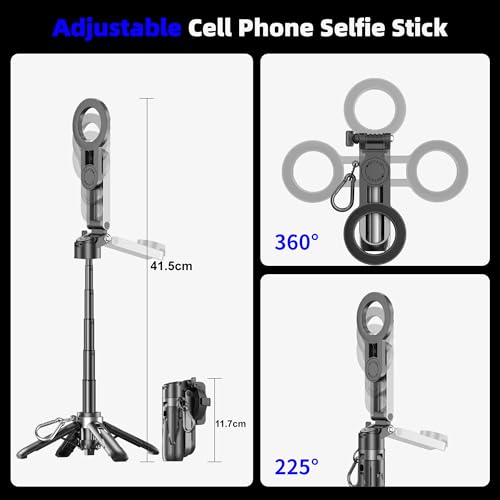 for Magsafe Tripod Stand for iPhone,Portable Pocket Size Selfie Stick with Rechargeable Remote and Metal Ring,Extendable Detachable Cell Phone Tripod Compatible with iPhone/Android