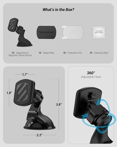 Scosche Extra Strength Suction Cup Phone Mount, Magnetic Dashboard/Windshield Mount Cell Phone Holder for Car with 360° Rotation, StickGrip Base & Thick Metal Plate for iPhone and Android, Not MagSafe - size: 1 Pack, style: Extra Strength - Window / Dash