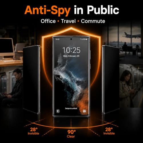 2 Pack Privacy Screen Protector for Samsung Galaxy S22 Ultra 5G, 3D Curved Tempered Glass, Support Ultrasonic Fingerprint Unlock, Anti-Spy 9H Full Coverage Glass Film, Case Friendly