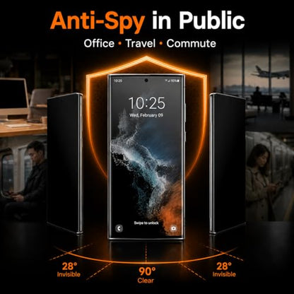 2 Pack Privacy Screen Protector for Samsung Galaxy S22 Ultra 5G, 3D Curved Tempered Glass, Support Ultrasonic Fingerprint Unlock, Anti-Spy 9H Full Coverage Glass Film, Case Friendly