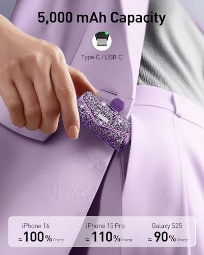 iWALK Upgraded Sparkly Portable Charger 22.5W, 5000mAh Power Bank for iPhone 18 Pro/17/16/15 Series, Mini Battery Pack with Built-in USB-C Connector Compatible with Samsung S25/24, iPad Air, AirPods - color: Purple