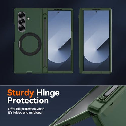 Upgraded 360° Spin Magnetic Invisible Ring Stand for Samsung Galaxy Z Fold 7 Case,[Compatible with MagSafe][S Pen Holder][Hinge Protection][Screen Protector],Shockproof Full Body Phone Cover - color: Green-1