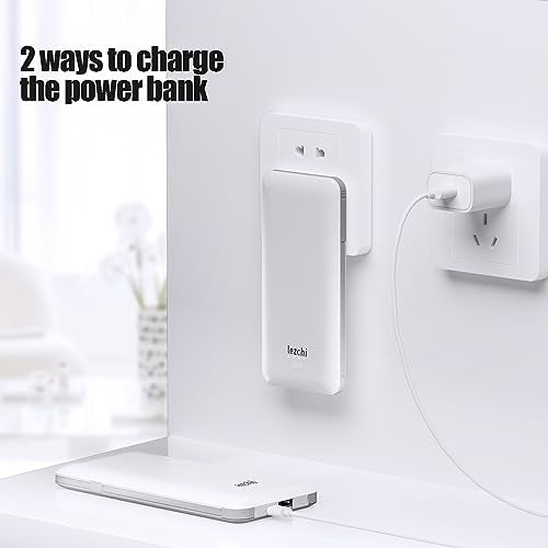 Portable Power Bank, Ultra Slim 10000mAh Portable Charger, USB C External Battery Pack with Built-in AC Plug, Charging Cable, Output Port, Compatible with All Kinds of Cellphones … - color: White