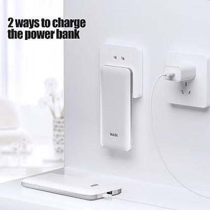 Portable Power Bank, Ultra Slim 10000mAh Portable Charger, USB C External Battery Pack with Built-in AC Plug, Charging Cable, Output Port, Compatible with All Kinds of Cellphones … - color: White