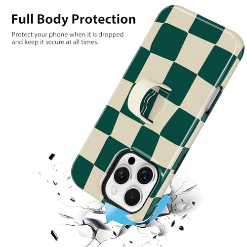 KANGHAR Compatible with iPhone 16 Pro Max Case Checkered -Green White | Silicone Cute Pattern, Finger Hold Wristband Kickstand Camera Protection Soft Slim Phone Case for Girls Women - color: (Checkered)Green White, size: iPhone 16 Pro Max