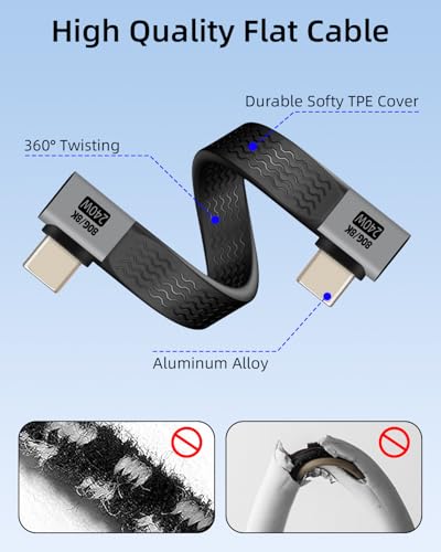 80Gbps Short USB C Flat Cable,Supports 8K@60Hz,PD240W 90 Degree USB C 4 Male to Male Fast Charging Cable Compatible with Thunderbolt 5 for Phones,Tablets,Laptops (0.13M) - style: 0.13M male to male