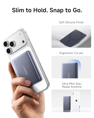 Baseus Picogo Power Bank, Smallest 7.5W MagSafe Portable Charger, 0.5" Ultra Slim 5000mAh Magnetic Battery Pack, Alloy Wireless Charger for iPhone 17 Pro Max/17 Air/16 Series