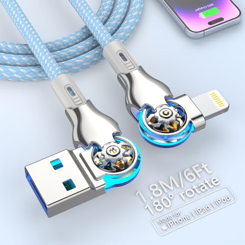 Bidirectional 90 Degree iPhone Charging Cable, 6FT 180°Rotating Left & Right Angle Lightning Charger Cable, High Speed Data Sync iPhone Charging Cord for iPhone 14/13/12/11/Pro/MAX/XR/XS/8/7/Plus/6S