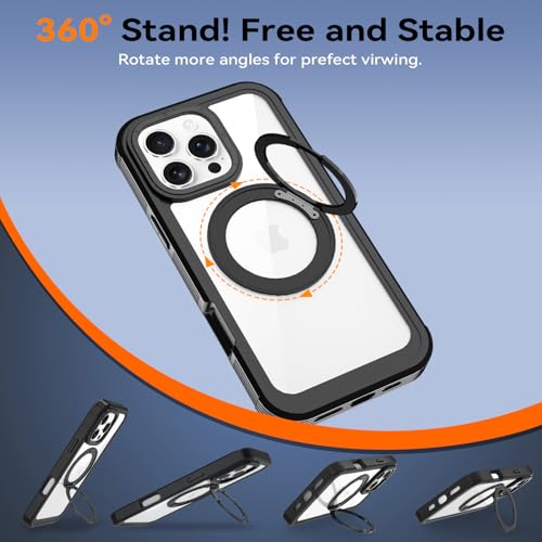Upgraded 360° Spin Magnetic Invisible Ring Stand Case for iPhone 16 Pro Max 6.9",Compatible with MagSafe, Full Body Rugged Case with Built-in Screen Protector & Kickstand & Belt-Clip (Black) - color: Black