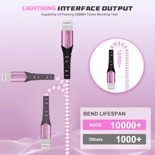 AGOZ 2 Pack Pink Apple MFI Certified Lightning to USB C Cable, Braided Fast Charger Cord Compatible with iPhone 14 Pro Max, 14 Plus, 13, 12, 13 Mini iPhone SE, iPhone 11 XR X XS 8 7 6 5 (10ft)