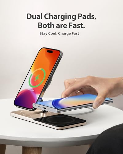 Wireless Charging Station for iPhone & AirPods: Foldable Charger Stand with MagSafe, 2-in-1 Magnetic Charger Stand for iPhone 12-15 & iPhone 16 & AirPods (No AC Adapter)