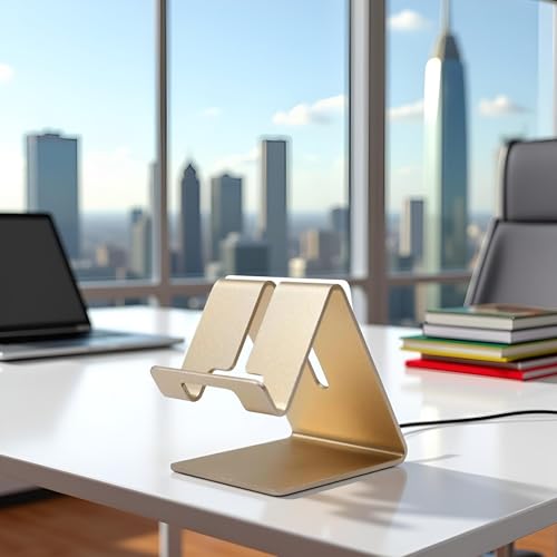 Gold Aluminium Alloy Cell Phone Stand, Cell Phone Stand Holder Aluminum Desktop Solid Universal Desk Stand Aluminum Desktop Stand for All Mobile Smart Phone Office Decor