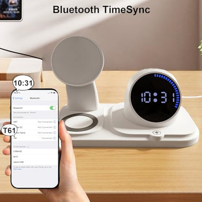 6 in 1 Wireless Charging Station with Bluetooth Speaker Fuction, Charging Stand for Multiple Devices for Apple iPhone 17 16 15 14 13 12 Pro Max Apple Watch Airpods, Digital Clock and Ambient Lights